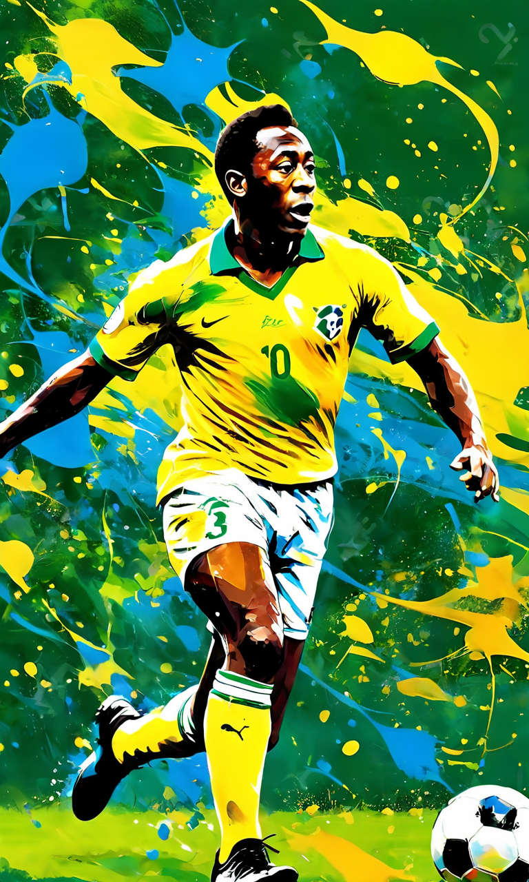 a portrait of Pele playing soccer, paintsplashsdxl, <lora:paintsplashsdxl:1>, vibrant color, best quality, masterpiece,  yellow and blue paint,  brazil, action shot,