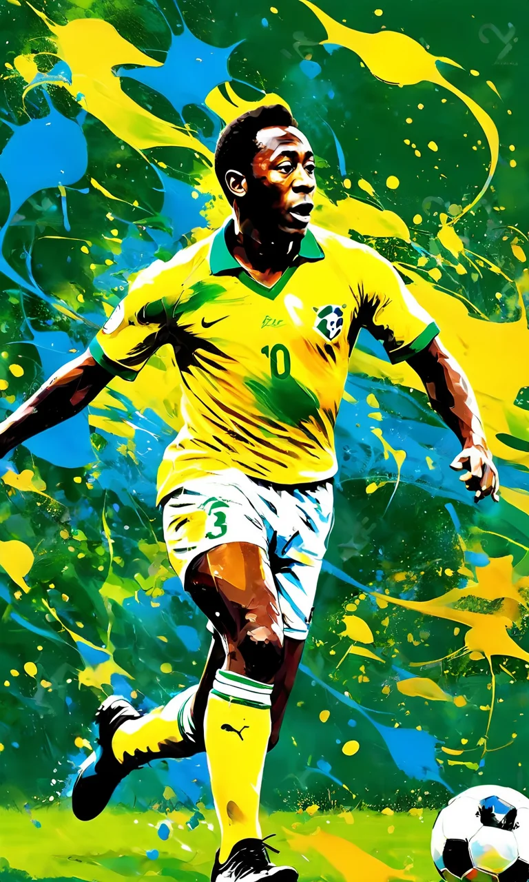 a portrait of Pele playing soccer, paintsplashsdxl, <lora:paintsplashsdxl:1>, vibrant color, best quality, masterpiece, yellow and blue paint, brazil, action shot,