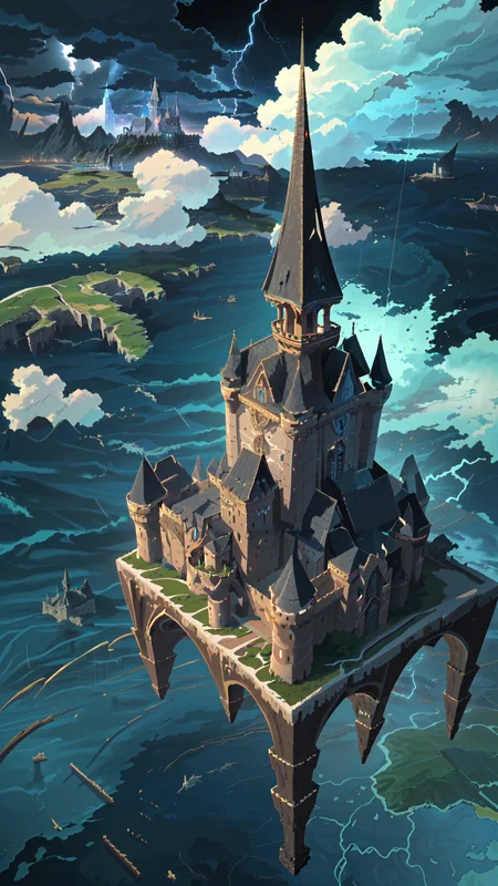 landscape,isometric,little castle on a floating island,(float over the sea:1.4),(lots of thunder in the sky:1.3),dark sky,spire building,anime,extremely detailed background,extremely detailed castle,<lora:Detailed_Places_R-128_v1:0.8>,
