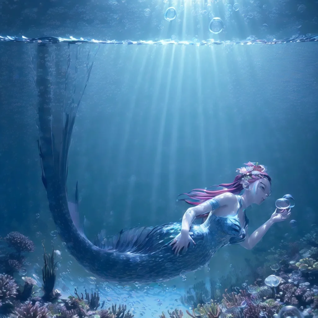 (illustration:1.8),(best quality),(masterpiece:1.5),masterpiece,png,(extremely detailed CG unity 8k wallpaper),bottle with stopperwater in bottle,grass background,nature,((very wide shot)),(((Underwater))),Deep focus,Watermaker(bubbles:1.5),turtles,corals,Floating clothes,bere, a mermaid with a hat is floating in the air<lora:bere-10:0.7>