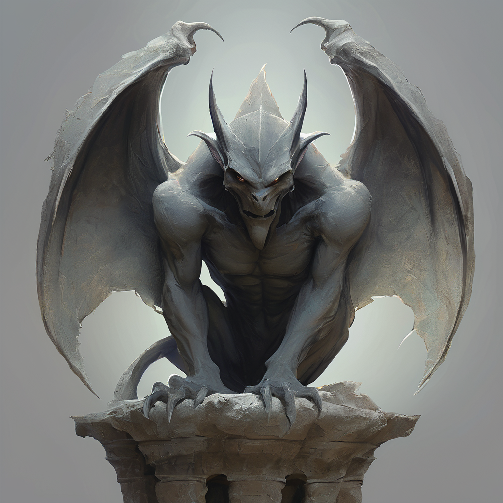 <lora:artfullygargoyle_sdxl_v1:1>,Logo,Gargoyles are magical creatures that were originally created by a very powerful cleric from stone statues. The first gargoyles were terrible winged stone monsters,designed to protect holy places from evil spirits. Still,during a huge magical battle,their inner being was altered and they became fully conscious creatures that have a very high affinity for magic. After centuries of magical modifications and enhancements,gargoyles are nowadays a very much changed race that is not warlike at all but rely entirely upon magic,
