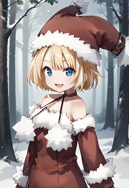 1girl_Witch, solo,fur-trimmed sleeves, hat, pantyhose, fur-trimmed dress, fur-trimmed red clothes, fur-trimmed headwear, fur-trimmed boots , red footwear, bare shoulders, pom pom \(clothes\), choker, detached sleeves,kind smile,cheek,open mouth,close-up face,forest,