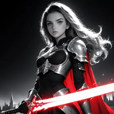 masterpiece, best quality, highres, realistic, best quality,
score_9, score_8_up, score_7_up,
BREAK,
1 girl, (wearing leather armour:1.2), knight, ((holding long sword:1.4)),
BREAK,
1 girl, castle, battlefield, ((wearing leather armour, warrior princess, stand with a sword, beaten, ripped leather)), 19 years old, long hair, windswept cape, brown wavy hair, middle breasts, slim waist, curvy body, cute, (long sword, small breasts), close-up, amazing, very aesthetic, pretty girl, determined,
BREAK,
(boob focus, head and shoulder photography:1.1), (portrait photography:0.7), dark background, dark light, shallow depth of field, photographed on a Sony a9 II, 50mm wide angle lens, sharp focus, photo in phst artstyle, boris vallejo inspired, backlit, (((selective color red, colorvsgrey, monochrome photography, red cape, selectiveColorStyle))), (1colorpop, dramatic lighting), horror theme, freckles, mole, dirty skin,