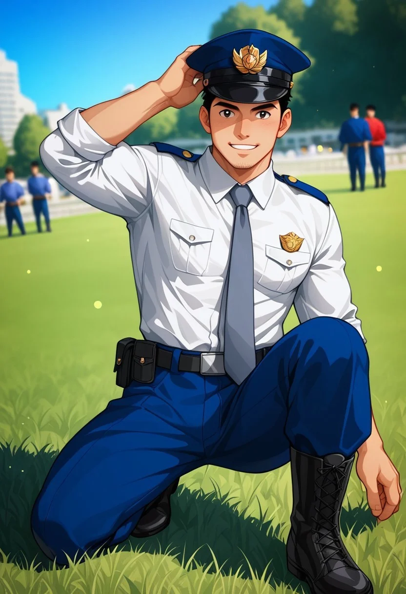 score_9, score_8_up, score_7_up, score_6_up, source_amine, perfect anatomy, perfect proportions, best quality, masterpiece, high_resolution, high quality, absurdres, (solo focus, male focus, bara, mature, handsome, virile, masculine, macho, hunky, charming, alluring, heroic, triumphant, grim, stern, BREAK (asian male, japanese male:1.3), black eyes, black hair, short hair, facial hair, stubble, BREAK Japanese Winter Police Uniform, HannekenJpPcWt05, white collared shirt, grey blue necktie, rank insignia, sleeves rolled up, Japanese police emblem, dark blue pants, Walkie-Talkie, hip holster, black boots, dark peaked cap, BREAK smile, grin, (solo focus, upper body, dutch angle, random pose, sitting on grass ground, relaxed pose, leaning slightly, one knee bent upward, other leg extended, (hand supporting head), legs spread, contemplative expression, guarded posture, view from above), outdoors, japanese modern city, park, nature, scenery, blurred background, movie still, perfect face, vibrant, vivid, stardom, glamorous, retro, old fashioned, old technicolor film style, film grain, aged film stock, extraordinary achievement, award-winning, expressionist, cinematic, dynamic, cinematic still, emotional, harmonious, vignette, bokeh, cinemascope, moody, epic, gorgeous