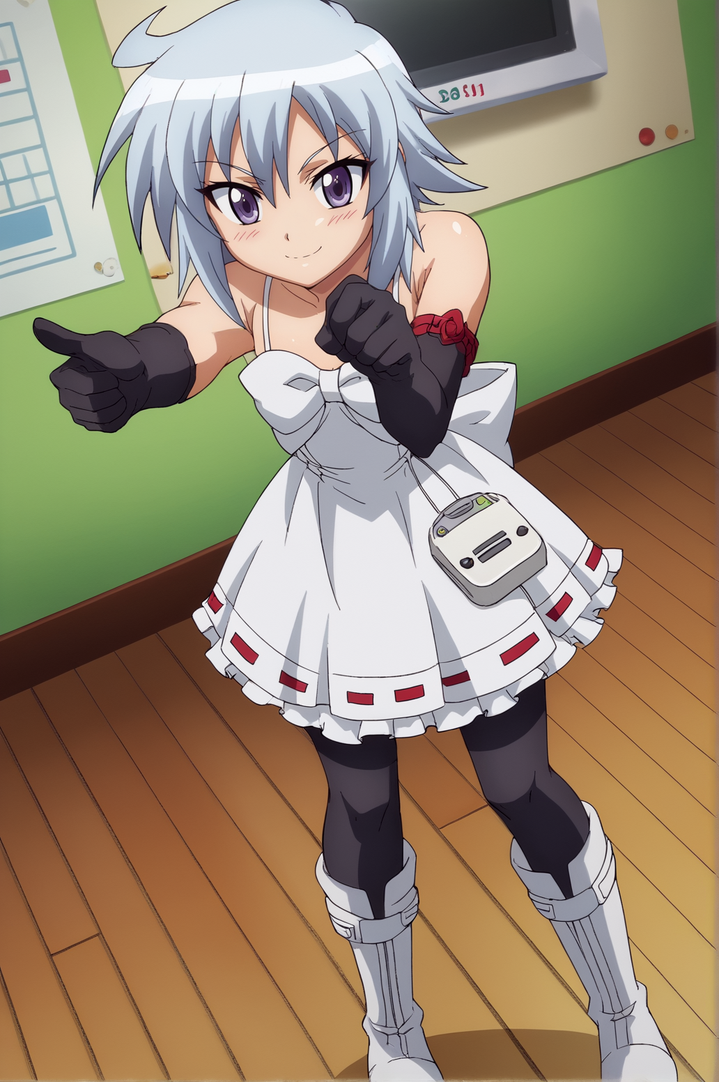 score_9, score_8_up, score_7_up,anime_source, source_anime, best background, detailed background, anime screencap,  Dreamcast, 1girl, black gloves, game console, gloves, looking at viewer, solo, dress, elbow gloves, blush, seductive smile, skirt, white boots, black thighhighs, pointing, indoors, <lora:JN_Bento_Style:0.8>