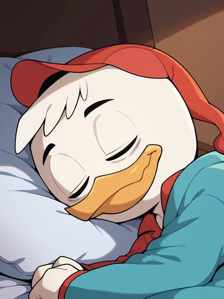 dr0ckdraws7yl3, score_9, score_8_up, score_7_up, score_6_up, score_5_up, best quality, highres, source_furry, indoors, bedroom, on bed, sleeping, bags under eyes,
1boy, solo, duck, beak, hueypdxl, young, sleeping, eyes closed, black eyes, white skin, red hat, onesie, pajamas, red nightcap, under covers, blanket <lora:Huey_Duck:0.9>