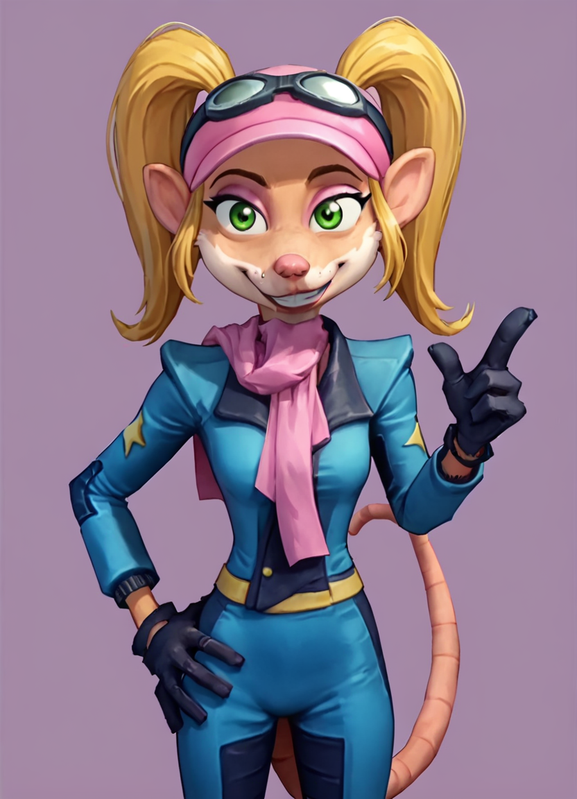 <lora:PasadenaPony1.0:1> pasadena o'possum, 1girl, twintails, racing suit, pink headwear, pink scarf, goggles on headwear, solo, blonde hair, animal ears, gloves, standing, green eyes, furry female, tail, score_9, score_8_up, score_7_up, score_6_up, score_5_up, score_4_up, looking at viewer, hand on own hip, cowboy shot,simple background, smile,