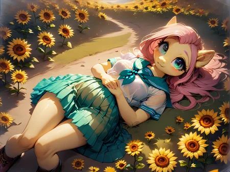 score_9,score_8_up,score_7_up,anthro pony:1.1,fluttershy,solo,1girl,medium breasts,outdoor,MegaFluffyPony,fluffy,<lora:detailed_hands:1>,<lora:Pony_DetailV2.0:1>,zPDXL2,<lora:Realistic000003_1_2.5DAnime_0.05_Merge1:0.5>,<lora:MegaFluffyPony:0.5>,<lora:Anime Summer Days 2 Style SDXL_LoRA_Pony Diffusion V6 XL:0.5>,sunflower field,look at you,(blue sky:0.4),school uniform,wallpaper,top view angle,film perspective,<lora:_sdxl-transchool-pony:1>,transchool,(flying petals:0.3),meticulous eyes,lying relaxed,