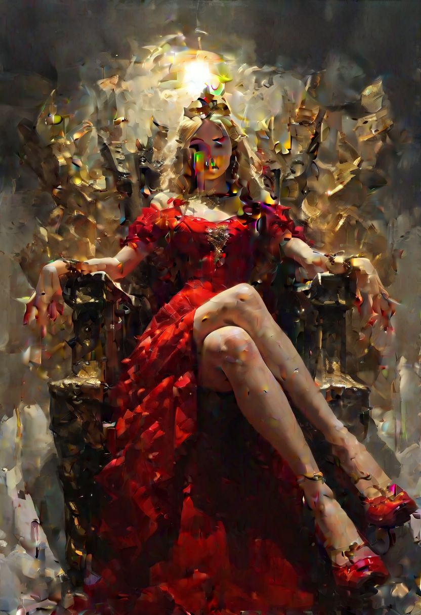 (score_9, score_8_up:1.1), score_7_up, 1girl, petite, blonde hair, long hair,  sitting on a golden throne, red royal dress, red royal miniskirt, thighs, crossed legs, from below, air of superiority, throne room, golden tiara, nail polish, red fingernails  <lora:sdxl\vixon_pony_oil:0.7> <lora:sdxl\Concept Art Eclipse Style LoRA_Pony XL v6:0.5>