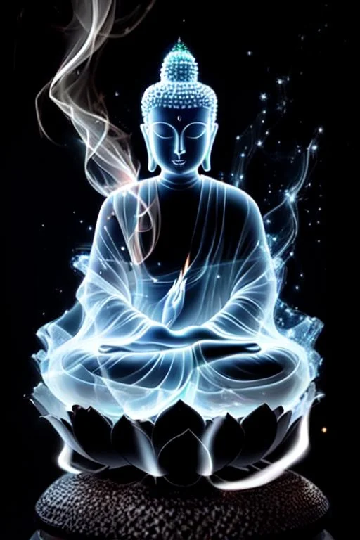 dark background, smoke generated buddha image, sitting on a lotus, shining stars, lightning, fire flame, glowing,