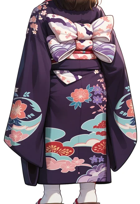 score_8, score_8_up, score_7_up, source_anime, 1girl, female focus, solo, Atsuko_IG, Kimono, print kimono, bird print, white socks, sandals, head out of frame, lower body, from behind, simple background, white background