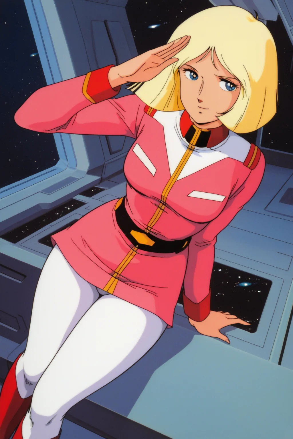 masterpiece, best quality, amazing quality, absurdres, saylamass79, blonde hair, solo, smile, salute, looking at viewer, pink military uniform, large breasts, white pants, red boots, indoors, spacecraft, science fiction, retro artstyle