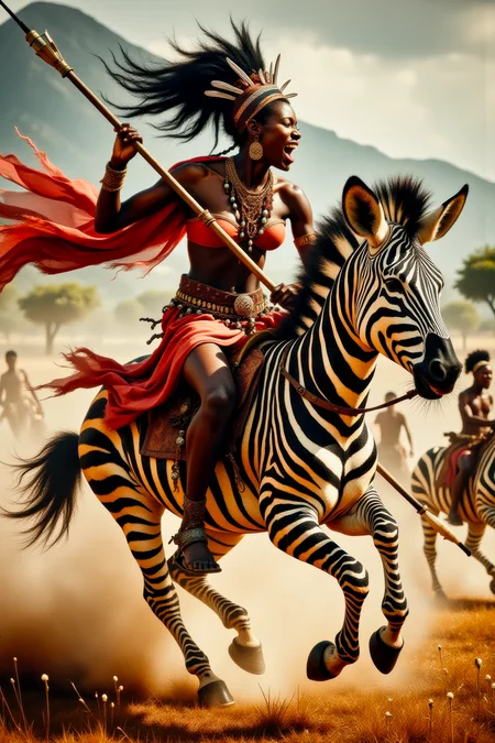 Real photograph of an African warrior woman, black skin, Nubian, beautiful, breathtaking, athletic, (small breasts:1.4), earrings, necklace, wrist bands, human feet wearing sandals, dangerous, fierce, determined, battle hardened, mounted atop an angry and ferocious zebra, charging into battle with lowered spear, shield and spear bearing war decorations, fierce angry painted face full of rage, yelling fierce war cries, African Savannah with mount Kilimanjaro in the background, intricate details, masterpiece, elegant, complex patterns, (full body shot from head to toe:1.6), environmental wide angle, dramatic and dynamic morning lighting, intense atmosphere, <BaroqueColorful:0.72>