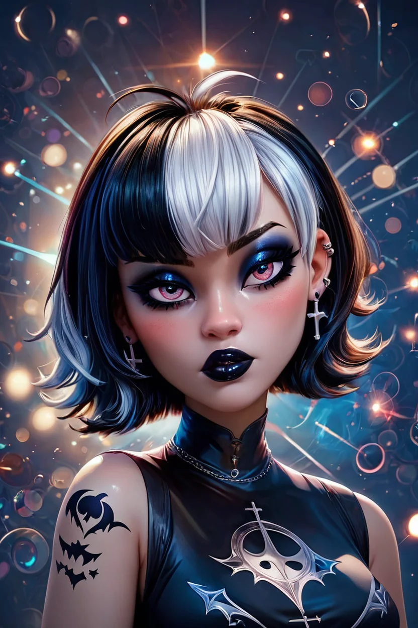score_9, score_8_up, score_8, medium breasts, (curvy), cute, eyelashes, BREAK, , ,,, <lora:GothMavis_PDXL:0.8>, zzGothMavis, black hair, white hair, makeup, short hair, black lips, multicolored hair, two-tone hair, ear piercing, eyeshadow, gothic, shirt, lipstick, tattoo, turtleneck, cross ,,, , BREAK, (ultra realistic,32k, masterpiece:1.2),(high detailed skin:1.1),( high quality:1.1), curvy, head tilt, hearts, blush, lips, closed mouth, curvy, head tilt, shiny clothes, (upper body), looking at viewer, bokeh, luminescent background, ,,, embedding:zPDXL, Expressiveh, ,,, <lora:RlAnmPDXL:1.0>,