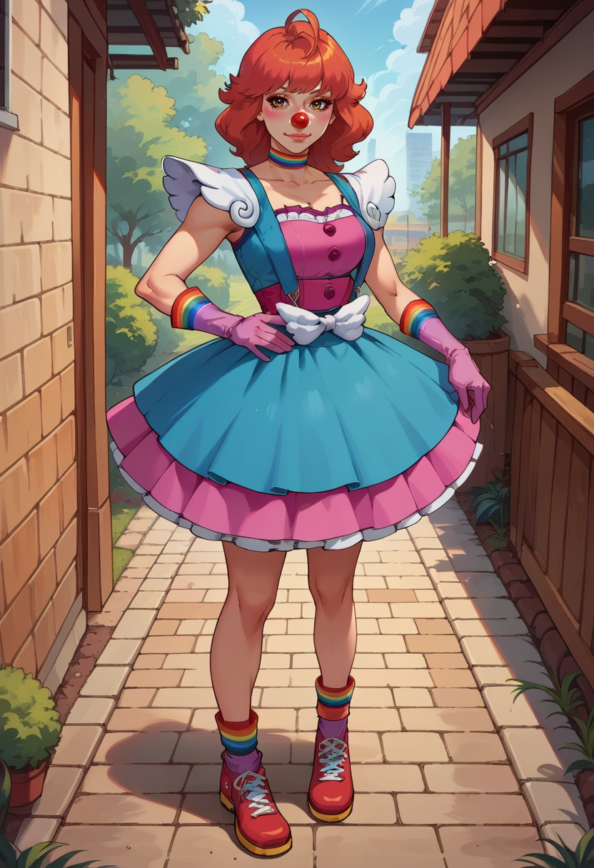absurdres,high quality,score_9, score_8_up, score_7_up, score_6_up, score_5_up, score_4_up, BREAK source_anime, <lora:edgClussyPonyv1:1> wearing edgClussy, red clown nose  skirt around ankles