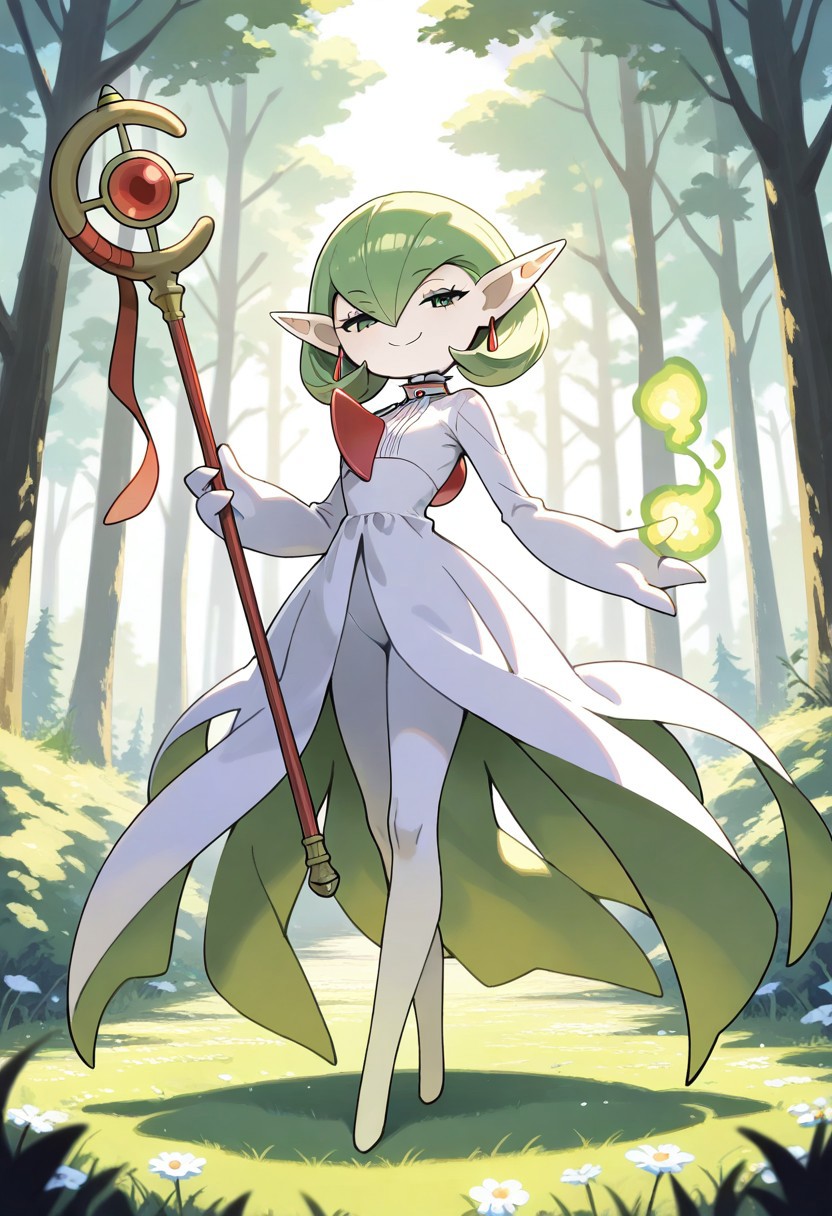 (masterpiece, best quality, high quality, highres), very awa, highres, absurdres,
pokemon, pokemon \(species\), (no humans:1.1), (solo:1.2), full body,
(Gardevoir:0.65),
Sousou no Frieren, elf, smug, holding magic staff, 
fantasy forest meadow background,