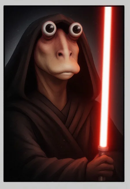 This is an extract from a comic book following the adventures of ((Darth_Jar)), a powerful Gungan Sith lord in the Star Wars Universe. The darkness around him partially obscures him; the only light source is his red lightsaber, which he wields in one hand. He looks slightly annoyed, his mouth closed. Darth_Jar has two large, exaggerated, black eyes with white pupils positioned in the middle of its surface, giving it a comical, anthropomorphic appearance.