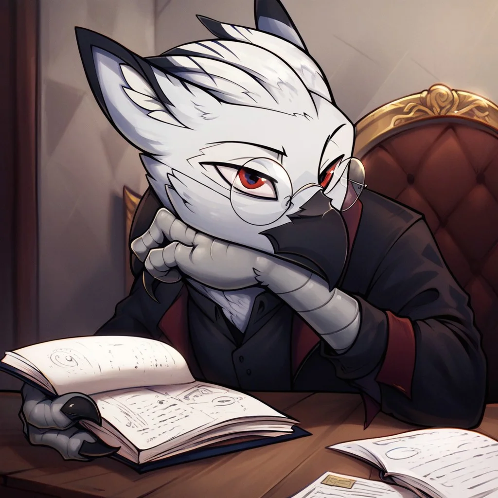 masterpiece, score_9_up, score_8_up, score_7_up, score_6_up, (best quality:1.1), ultra-detailed, high resolution, solo, Ferdinand Dawnclaw, griffon, albino, avian, male, red eyes, Evil eyes, (round glasses:1.3), white hair, feathers, feathery ears, black beak, evil facial expression, black claws, black uniform, black indoors, sitting on a table. expressiveh, highly visible, sharp focus, warm tones, anatomically correct, detailed background, inside, bunkered room, dim lighting, sitting at a war table, studying maps, plotting, war plans