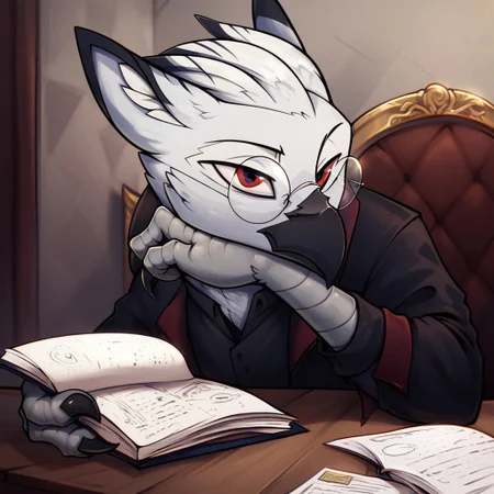 masterpiece, score_9_up, score_8_up, score_7_up, score_6_up, (best quality:1.1), ultra-detailed, high resolution, solo, Ferdinand Dawnclaw, griffon, albino, avian, male, red eyes, Evil eyes, (round glasses:1.3), white hair, feathers, feathery ears, black beak, evil facial expression, black claws, black uniform, black indoors, sitting on a table. expressiveh, highly visible, sharp focus, warm tones, anatomically correct, detailed background, inside, bunkered room, dim lighting, sitting at a war table, studying maps, plotting, war plans