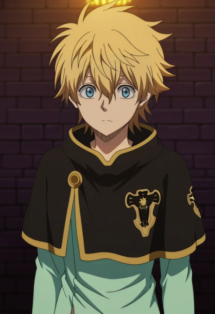 masterpiece, best quality, , anime screencap, , official style, , 1boy, solo, male focus, <lora:luck_voltia_ilxl:0.92>, luck_voltia, blonde hair, blue eyes, short hair, hair between eyes, , capelet, ,