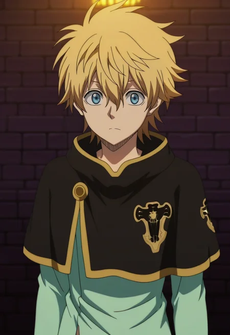 masterpiece, best quality, , anime screencap, , official style, , 1boy, solo, male focus, <lora:luck_voltia_ilxl:0.92>, luck_voltia, blonde hair, blue eyes, short hair, hair between eyes, , capelet, ,