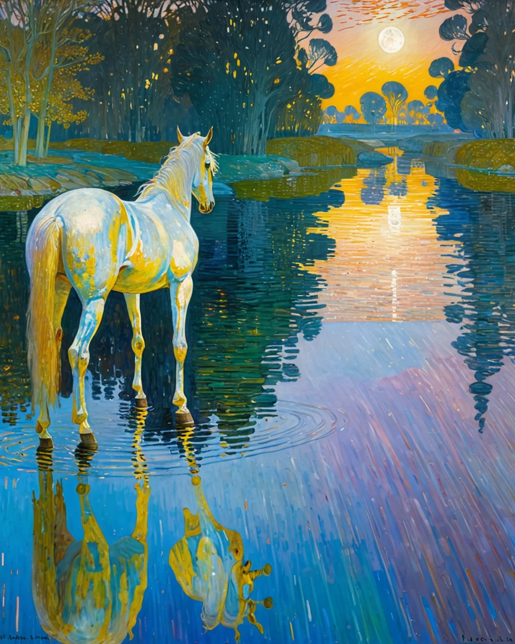 Princess, The Kingdom of the Unicorn, Childe Hassam, Moonbeam, water, reflections, transparency, figurative, vivid color, tenebrism, <lora:add-detail-xl:1>, <lora:xl_more_art-full_v1:0.8>