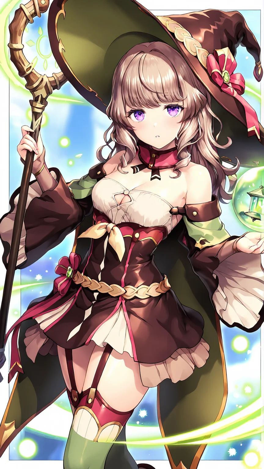 amazing quality,absurdres,best quality,masterpiece,highres,newest,detailed,detailed body,detailed face,masterpiece,best quality,solo,
UNITIA ãã¡ãã¼ã¦ã£ãã ã¨ãªã¼,1girl,solo,long brown hair,purple eyes,witch hat,short dress,green thighhighs,green footwear,cape,staff,witch,magic,garter straps,bare shoulders,zettai ryouiki,detached collar,detached wide long sleeves,<lora:ãã¡ãã¼ã¦ã£ãã ã¨ãªã¼:0.8>,