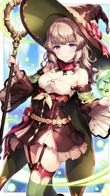 amazing quality,absurdres,best quality,masterpiece,highres,newest,detailed,detailed body,detailed face,masterpiece,best quality,solo,
UNITIA ãã¡ãã¼ã¦ã£ãã ã¨ãªã¼,1girl,solo,long brown hair,purple eyes,witch hat,short dress,green thighhighs,green footwear,cape,staff,witch,magic,garter straps,bare shoulders,zettai ryouiki,detached collar,detached wide long sleeves,<lora:ãã¡ãã¼ã¦ã£ãã ã¨ãªã¼:0.8>,