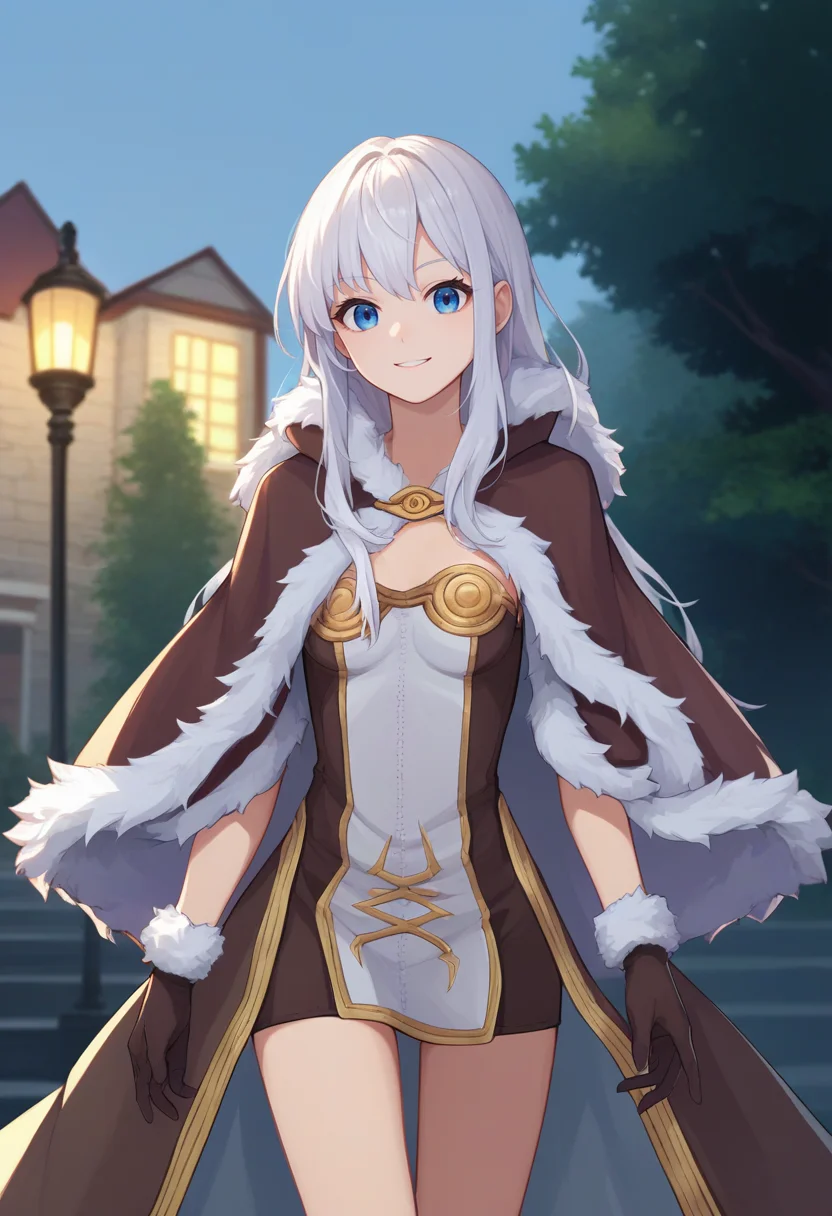 score_9, score_8_up, score_7_up, source_anime, solo, 1girl, ragnarokhiwiz, smile, looking at viewer, standing, long hair, white hair, blue eyes, fur trim, brown cape, fur-trimmed cape, short dress, two-tone dress, white dress, brown dress, strapless dress, fur-trimmed gloves, outdoors <lora:attire_ro_highwizard_ponyXL:1>