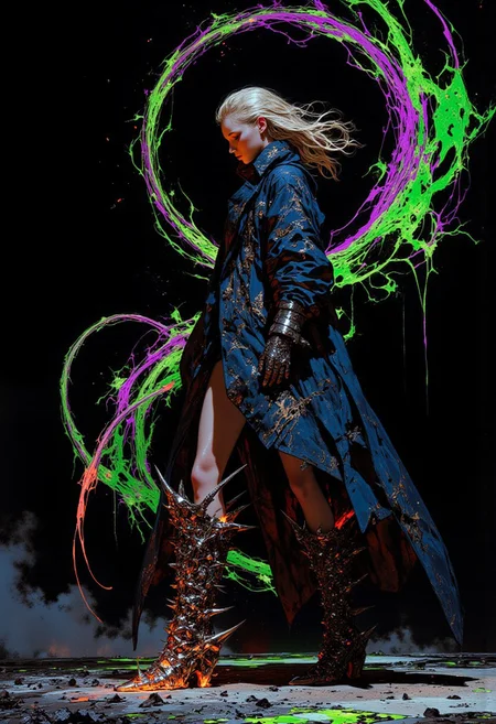 A hyper-realistic full-body portrait in 90s anime retro style of a woman, inspired by Yoshitaka Amano in avant-garde fashion evoking dark energy, captured with a Nikon Z9 using a 24-70mm f/2.8 lens at 45mm, f/2.8, ISO 160, and 1/160s shutter speed. Her oversized trench coat appears to absorb light, with faint glowing accents in neon green and deep indigo forming chaotic, vein-like patterns. The coat’s asymmetrical hem is adorned with sharp metallic spikes that hum faintly with dark energy. Her boots, impossibly tall and jagged, emit glowing trails of smoky black energy as she moves. Her hair flows unnaturally, tipped with glowing red embers. The background is a stark black void, pierced by swirling rings of green and purple energy, forming surreal, shifting patterns around her. (mythp0rt, DB4RZ, DB4RZ style painting)