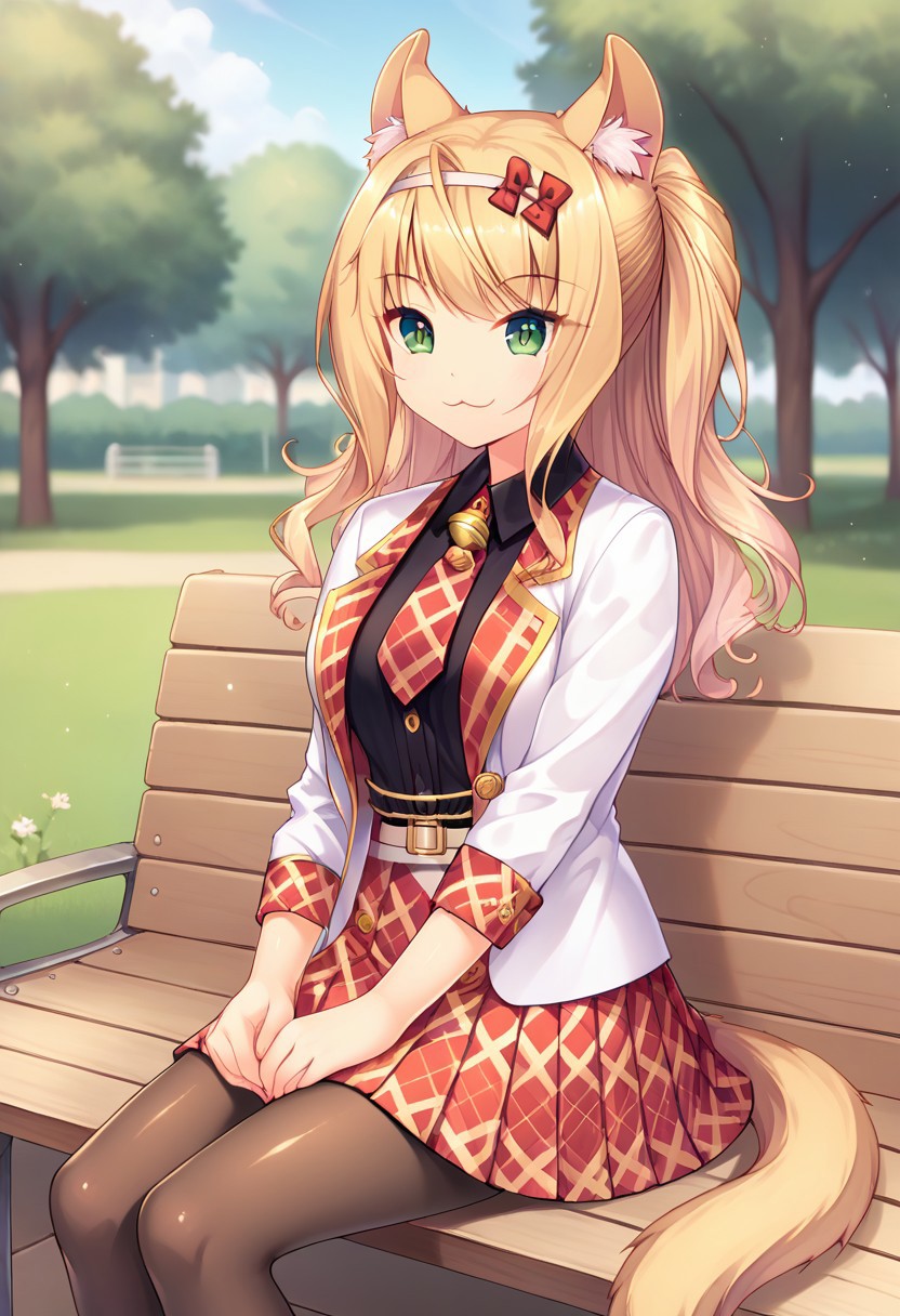 score_9, score_8_up, score_7_up, score_6_up, score_5_up, score_4_up, detailed eyes, detailed skin, source_anime, source_anime, masterpeice, best quality, very aesthetic, absurdres, BREAK, white_jacket, Maple, medium_breasts, solo, :3, smile, ponytail, long_hair, cat_ears, animal_ear_fluff, cat_tail, white_headband, red_headband_bows, light_carmine_pink_necktie, short_necktie, neck_bell, white_belt, brown_pantyhose, light_carmine_pink_jacket, open_jacket, long_sleeves, black_shirt, white_skirt, light_carmine_pink_skirt, plaid_skirt,<lora:Maple_V0.5(SDXL):0.8><lora:hand 4:1>, Hand, detailed, perfect, perfection, hands, BREAK, outdoors, park, bench, sitting, cat, cat on lap, holding cat, :3,