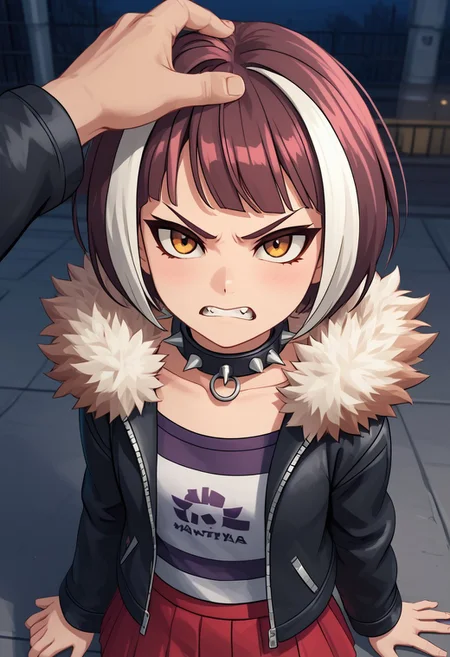 score_4,score_5,score_6,score_7_up,score_8_up,score_9
((masterpiece,best quality,ultra detailed,highres,HD,4k:1.2)),
1girl,solo,streaked hair,short hair,bob cut,bangs,multicolored hair,red and white hair,fang,brown eyes,  jacket,spikes,collar,fur trim,spiked collar,striped shirt,black jacket,shirt,studded collar,red skirt,short skirt,
Moonlight, moonlight, night, street 
frown, clenching teeth, headpat, pov, from above,