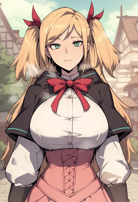 score_9, score_8_up, score_7_up, score_6_up, source_anime, rating_explicit, 1girl, solo, huge breasts, <lora:Euphemina2 prefectPonyxl:1> blonde hair, long hair, two side up, hair ribbon, red ribbon, green eyes, blue eyes, black capelet, white shirt, red bowtie, long sleeves, pink corset, pink skirt, expressionless, Narrow shoulders, heavy breathing, steaming body, village, outdoors, looking at viewer