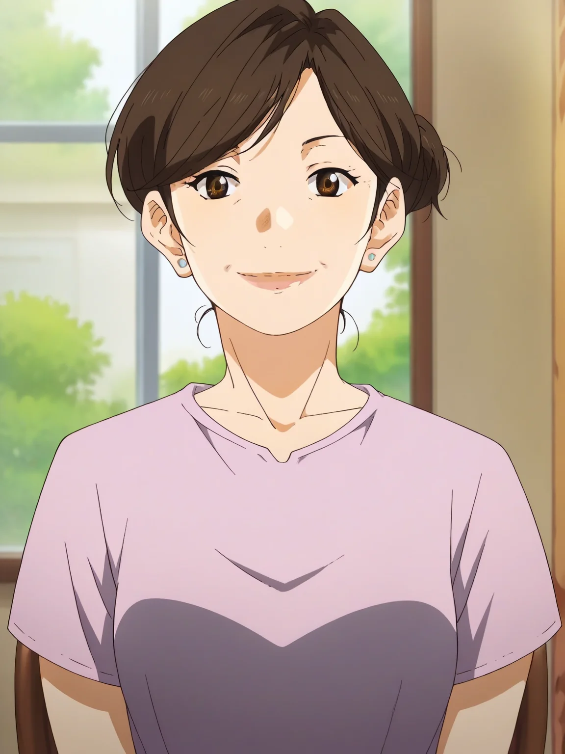 Score_9, Score_8_up, Score_7_up, yuriko,1girl,solo,brown hair,brown eyes,mature female,shirt,upper body,looking at viewer,smile,indoors,<lora:Shigatsu_wa_Kimi_no_Uso_-_Yuriko_Ochiai:1>
