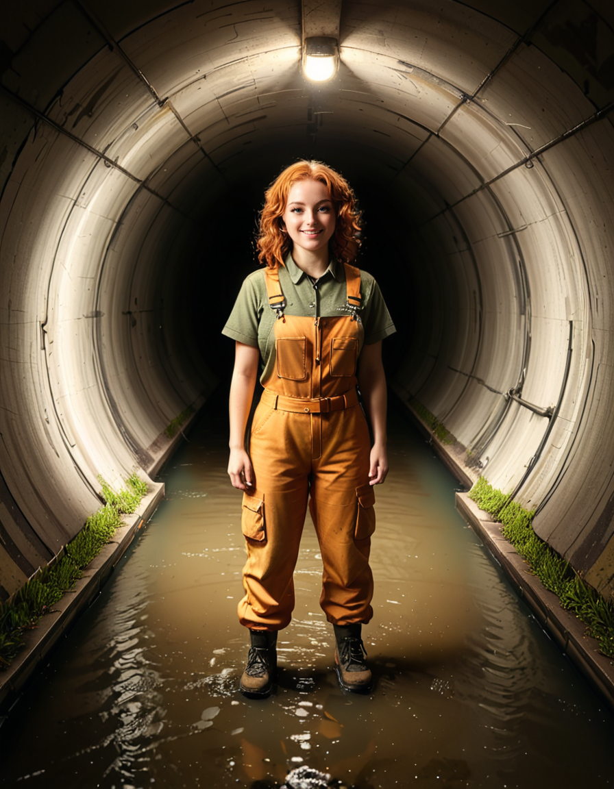A young woman, April O'Neil, stands confidently in front of a large, circular sewer pipe,L4rg3 s3w3r p1p3. She has vibrant red, shoulder-length wavy hair and wears her iconic bright yellow jumpsuit with utility-style details, such as rolled-up sleeves and visible pockets. A brown utility belt is fastened around her waist. She holds a microphone or a small camera in one hand, highlighting her role as a journalist. Her expression is determined and slightly smiling, radiating courage and curiosity.
The sewer pipe behind her is massive and weathered, with green moss and moisture stains around its edges. The interior of the pipe is dark and shadowy, while the exterior is illuminated by soft natural light. There is a small puddle of water or wet ground in front of the pipe, reflecting faint light.
The background features an urban, industrial setting with worn brickwork surrounding the sewer opening, showing signs of age and decay. Small wild plants and grass grow around the base, adding a touch of nature to the scene.
The lighting is soft and dramatic, with natural sunlight streaming in and casting gentle reflections on the ground and inside the pipe. The image is styled as a semi-realistic illustration with vivid, bright colors for April O'Neil, contrasting with the muted, earthy tones of the background. The overall mood is adventurous and cinematic.<lora:SDXLFaeTastic2400:0.4> <lora:extremely_detailed:0.4> extremely detailed, <lora:L4rg3_s3w3r_p1p3:1>, Masterpiece,best quality,hi res,8k,hi res,8k,award winning,(sharp focus, intricate, highly detailed),