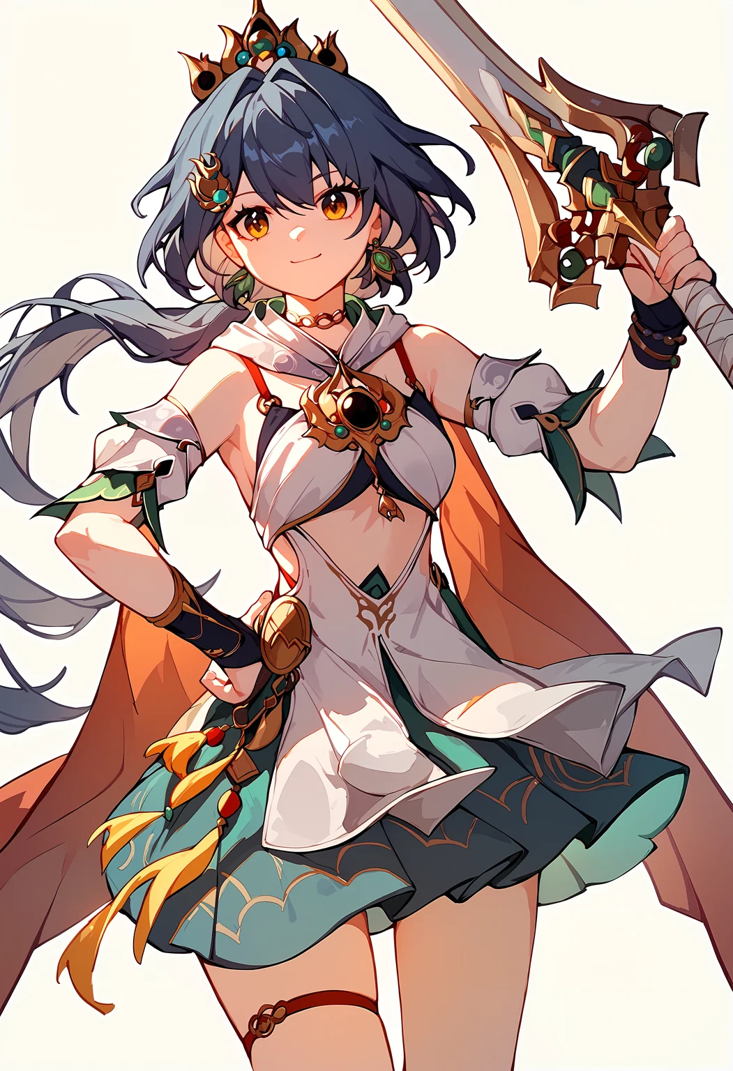 (score_9, score_8_up, score_7_up), 1girl, yunli, crown, fingerless gloves, detached sleeves, thigh strap, cowboy shot, :3, smile, closed mouth, hand on own hip, holding greatsword, simple background, <lora:yunli-strPO-v1a:0.9>