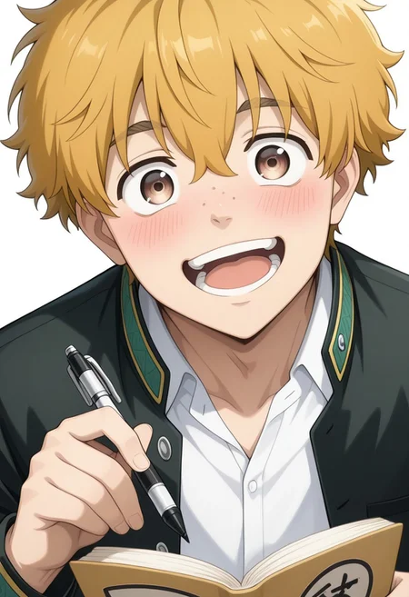 masterpiece,best quality,amazing quality, source_anime,
AkihikoNirei, male focus, 1boy, blonde hair, solo, open mouth, holding, looking at viewer, smile, pen, upper body, brown eyes, book, white background, blush, teeth, holding pen, freckles, school uniform, jacket, black jacket, open jacket, shirt, white shirt, collared shirt,