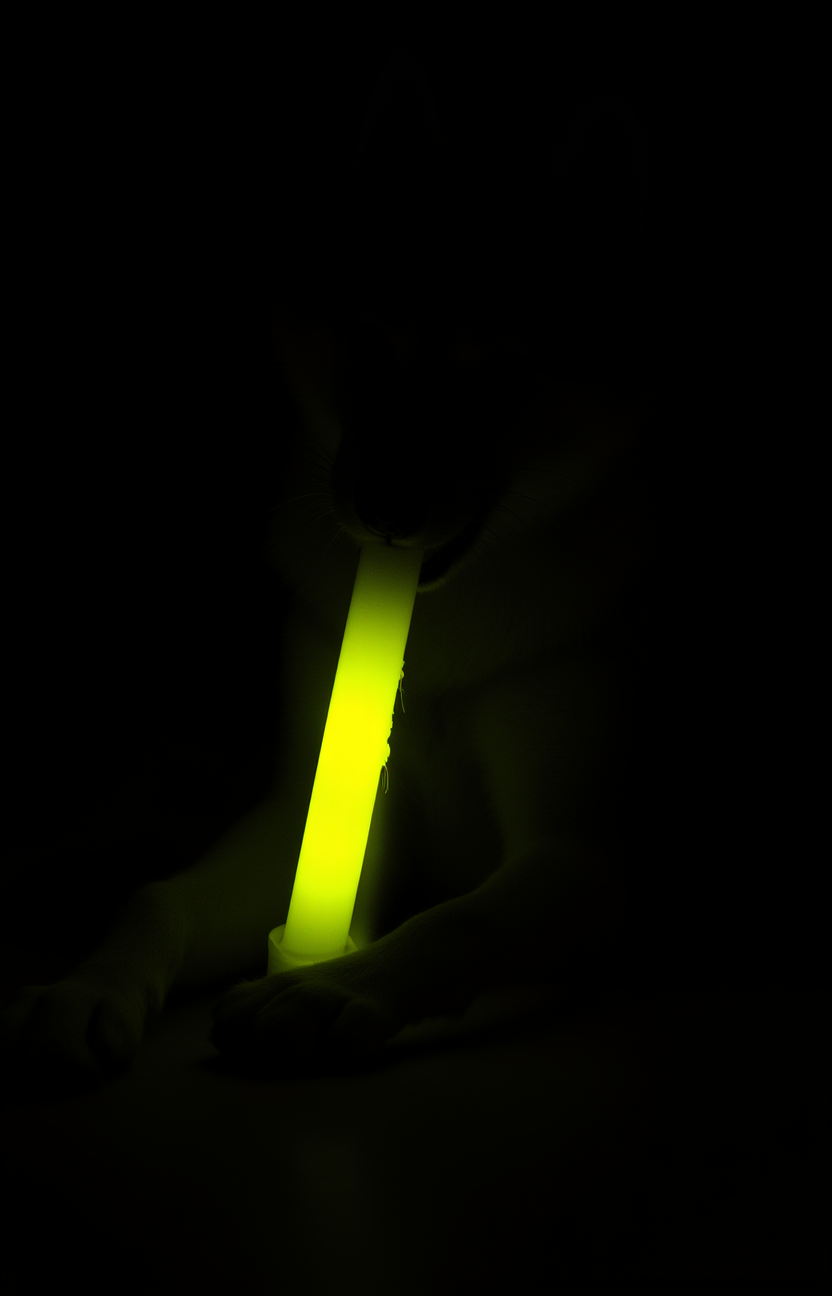 vantablack, dog veiled in shadows is chewing a broken yellow glowing neon glow-stick, leaking glowing fluid substance, messy, dark background   <lora:- Flux1 - vanta_black_V2.0:.7>