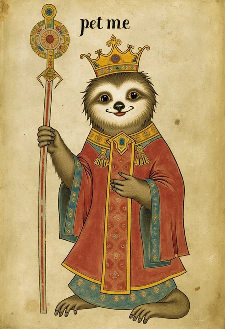 BookOfKells, old paper with a cute sloth king wearing a magic robe and holding a magic staff. On the top the text:“pet me“