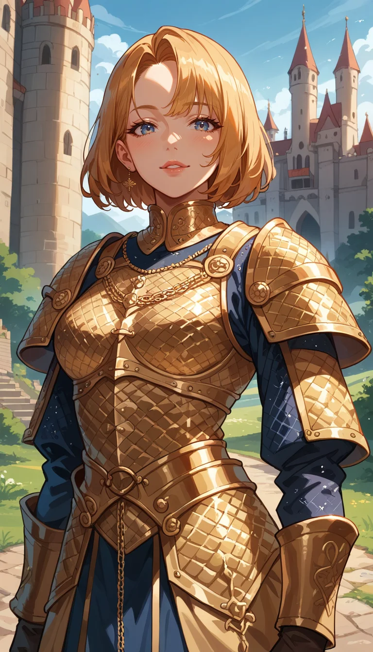 score_9, score_8_up, score_7_up, Anime Style, Portrait, girl, cute, seductive, innocent, light smile:0.3, plump lips, slender body, bob hair, dressing an high detailed medieval gold armor, gold ornate, gold embedded, glossy gold, high detailed chainmail, outdoors, professional photograph, award winning photography, far away castle background, depth of field, dynamic angle, fashion photography, sharp, hyperdetailed:1.15