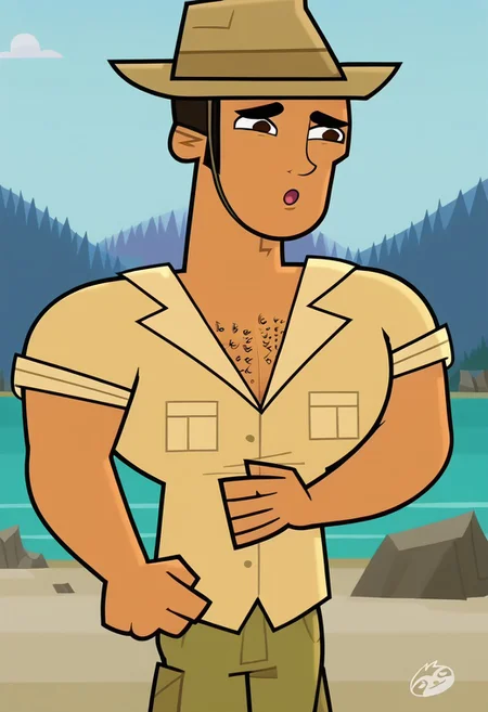 score_9, score_8_up, score_7_up, score_4, score_5, score_6,  dynamic view, dynamic pose, High Quality, perfect body, cartoon source, break
Diego Olivo, 1boy, solo, tanned skin, brown eyes, chest hair, muscular, Big chest, Big pecs, thick eyebrows,  hat, ochre shirt, olive green shorts, white socks, brown boots,  break
beach, sunny, blue sky.