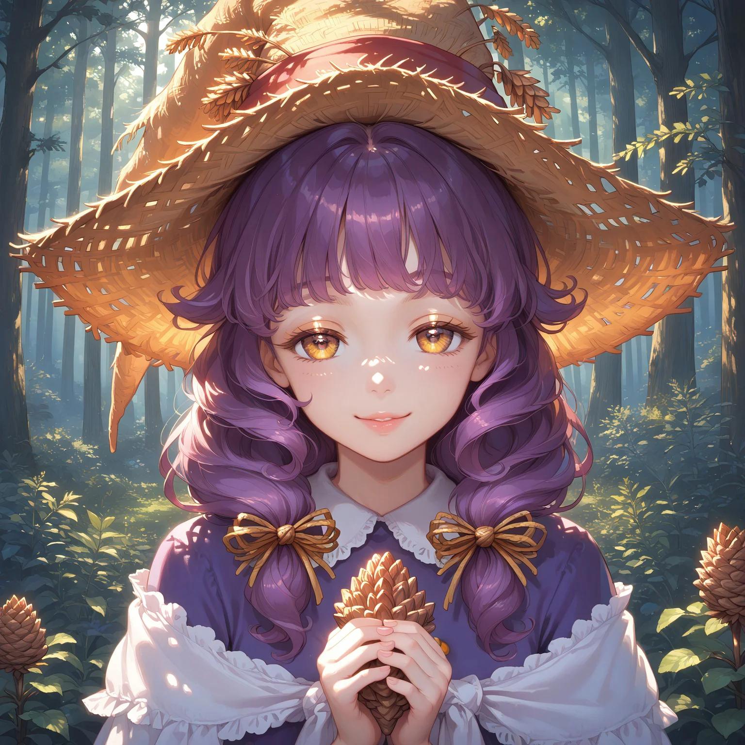 score_9, score_8_up, score_7_up, source_anime, 1girl, Rozenmarine, purple dress, shawl, witch hat, hair bow, white pantyhose, yellow shoes, glossy hair, full body shot
BREAK
masterpiece, best quality, character portrait, intricate detail, highly detailed, fine details, ambient light, soft lighting, 1girl, solo, very detailed hands, beautiful face, beautiful eyes, detailed face and eyes, half closed eyes, happy smile, glamorous, close-up, presenting a pinecone to viewer, pov from above, forest background