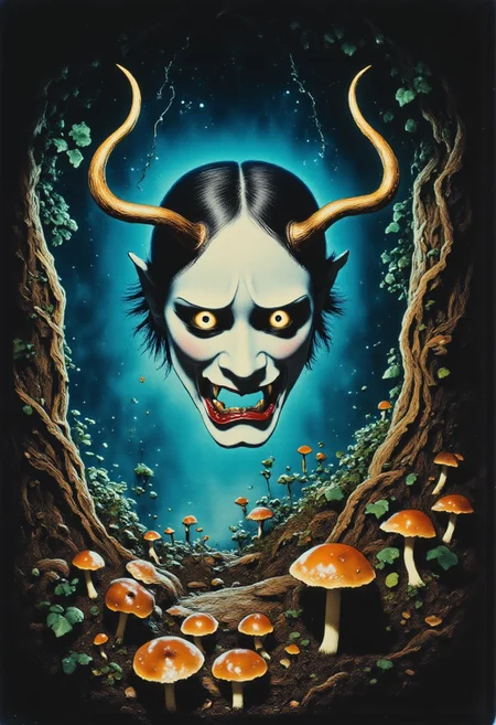 Satyr ArsMovieStill, movie still from a 1970s horror movie Studio Ghibli Dark Fairytale depicting a cursed hannya mask with horns and fangs in an eerie dark forest amidst twisting vines and mushrooms
