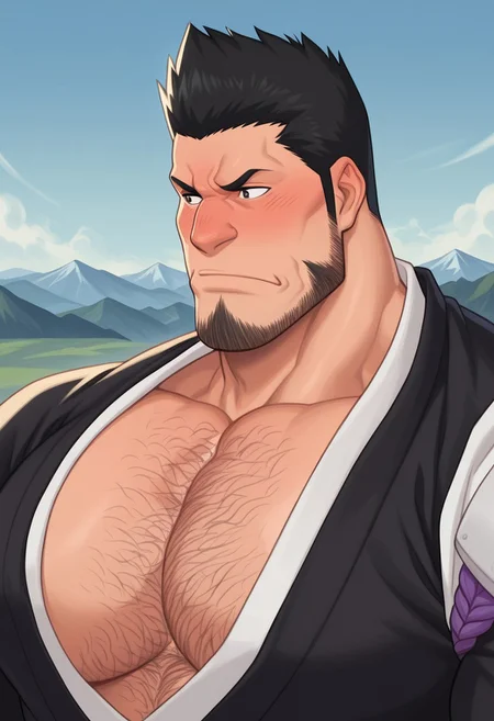 1boy, high quality, absurdres, high detail, w0lfc0nf, 20r0j_2
isshin_kurosaki, black hair, black eyes, short hair, spiked hair, strong jaw, mature male, muscular, muscular male,
bara, bara pecs, (big pecs:1.1), (hairy chest:0.8), musky, musk clouds, portrait, flustered, eyes looking to the left, mountainside