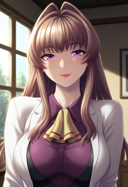 masterpiece, best quality, amazing quality, 1girl, solo, (portrait:1.2), minaww, purple eyes, brown hair, long hair, hair intakes, large breasts, lipstick, white blazer, purple shirt, long sleeves, ascot, looking at viewer, smile, indoors, day, skindentation, detailed clothing folds, depth of field, sharp, high contrast, dynamic light <lora:Kazuki_Mina_Yuumei_Sakai_o_Koto_ni_Suru_ill:0.9>