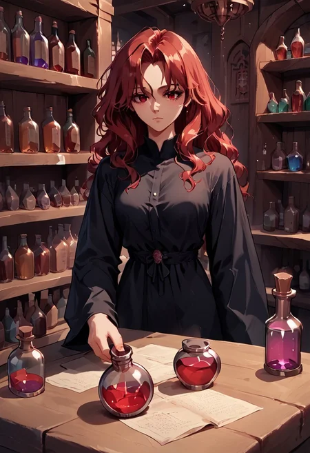 score_9, score_8_up, score_7_up, Expressiveh, masterpiece, source_anime, retro artstyle, Miia, red hair, red eyes, black robes, brewing a potion, working at an alchemist shop, fantasy, indoors, bottles, alchemist tools,