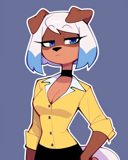 score_9_up, score_8_up, score_7_up, score_6_up, by remanedur, half-length portrait, white hair, short hair, multicolored hair, medium breasts, furry female, blue eyes, female, furry, dog, floppy ears, looking at viewer, yellow dress shirt, cleavage, black choker, black skirt, black boots, white tail, brown body, solo, pantyhose, hand on hip, office lady, office clothing, neutral expression, three-quarter view, head tilt, simple background, white outline, <lora:Leah_Pines(AIM)_XL_v1:0.15> <lora:PDXL_artist_tags_v2_big:0.5> <lora:The-Minuscule-Task_PDXL_v1.0:0.6> <lora:Peppy_BearArms6:0.55>