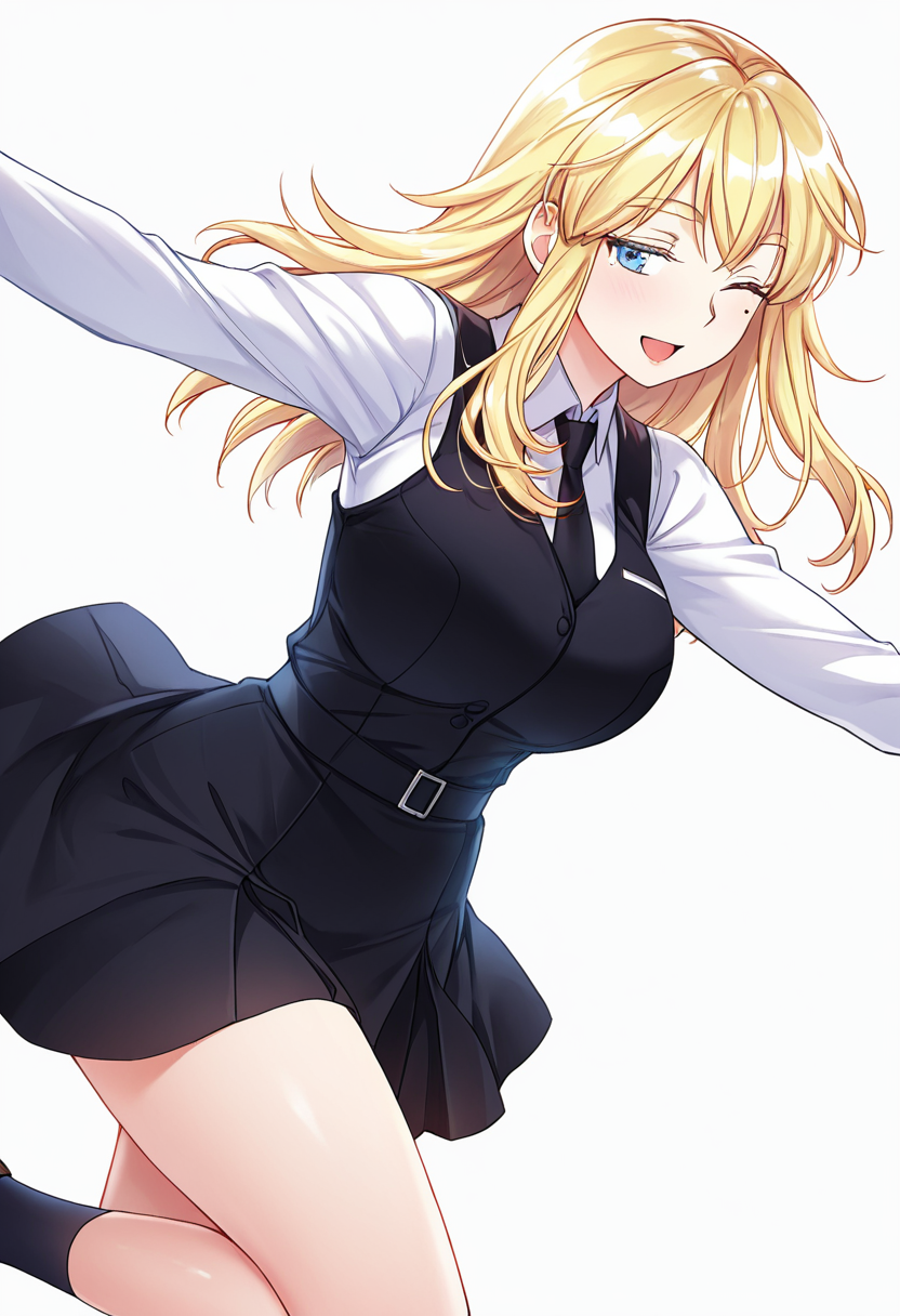 Smooth Quality,masterpiece,very intricate, high quality details, ultra realistic, high detailed skin,detailed enviorement,absurdres,
simple background, white background, dancing,skindentation, solo,from below,reaching,
 <lora:Laura_Zeppelin_CNR:0.8>laura_cnr, 1girl, blonde hair, long hair, blue eyes, mole under eye, large breasts,laura_uniform_cnr, school uniform,white shirt, collared shirt,black vest,black necktie,plaid skirt,black dress, pinafore dress, long sleeves, socks, shoes,, seductive smile,, ;d,