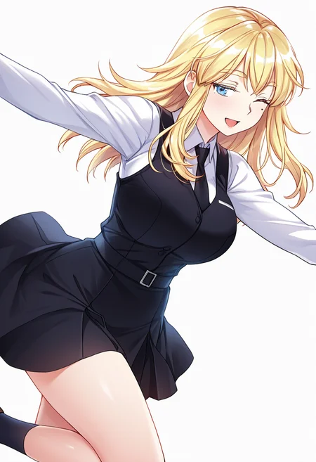 Smooth Quality,masterpiece,very intricate, high quality details, ultra realistic, high detailed skin,detailed enviorement,absurdres,
simple background, white background, dancing,skindentation, solo,from below,reaching,
 <lora:Laura_Zeppelin_CNR:0.8>laura_cnr, 1girl, blonde hair, long hair, blue eyes, mole under eye, large breasts,laura_uniform_cnr, school uniform,white shirt, collared shirt,black vest,black necktie,plaid skirt,black dress, pinafore dress, long sleeves, socks, shoes,, seductive smile,, ;d,