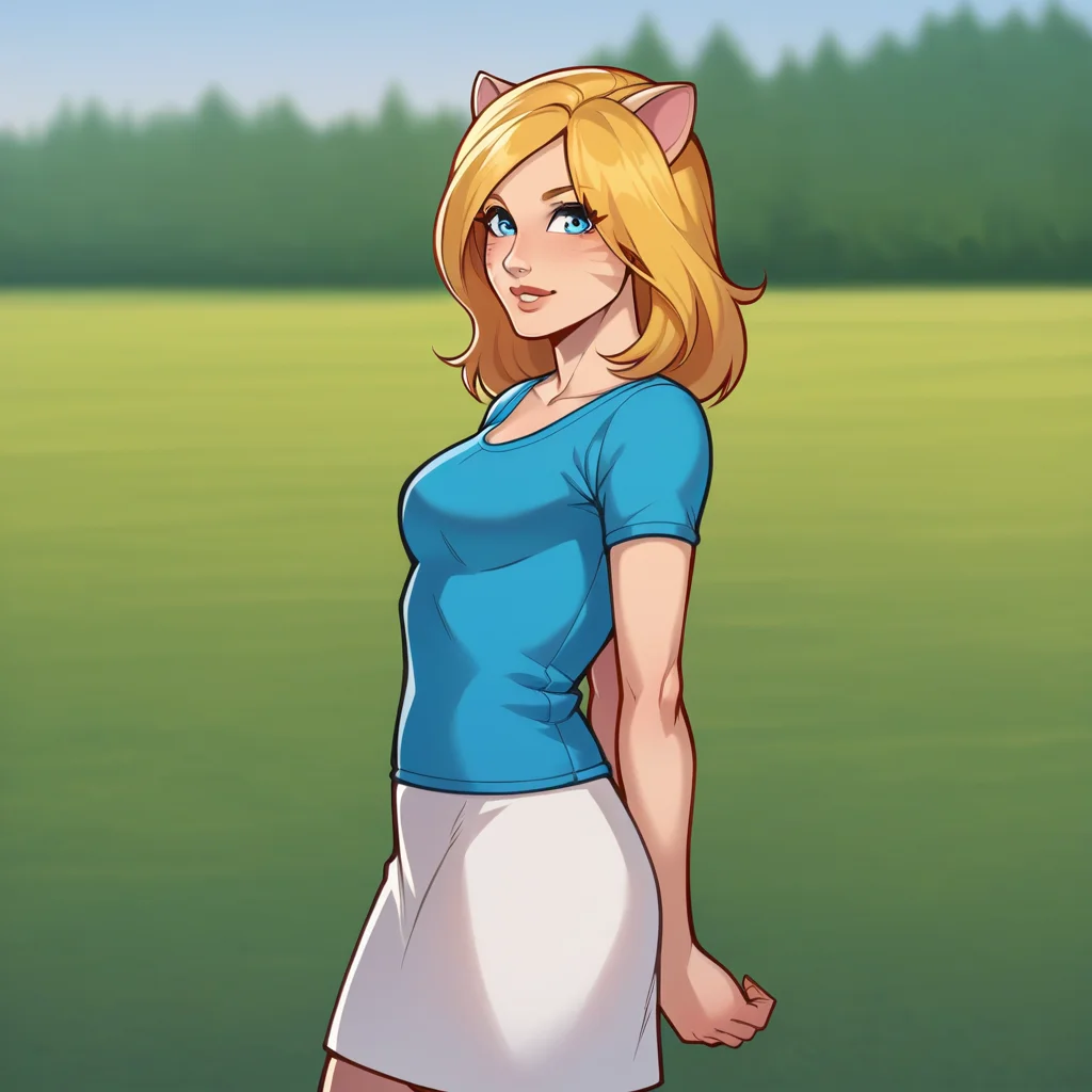 score_8_up, BREAK, SUNSHINEGOODNESS, 1girl, solo, blonde hair, blue eyes, animal ears, cat ears, blue shirt, short sleeves, white skirt, <lora:SunshineGoodness_PXL_Leaf1:0.8>, cowboy shot, arms at sides, depth of field, looking at viewer,